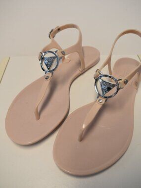 GUESS Woman's Pink Sandals Size 9 - Silver Guess Logo-Back Strap-Rubber Base